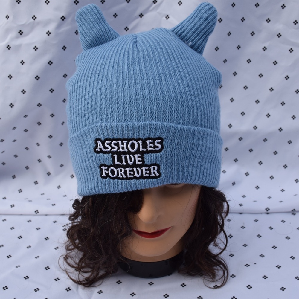 Blue knit beanie with horns